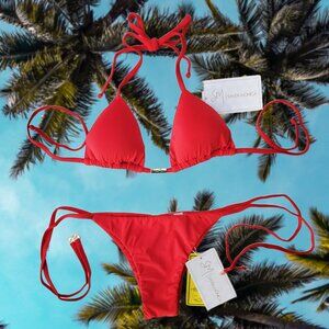 Brazilian Bikini - red triangle top side tie bottom